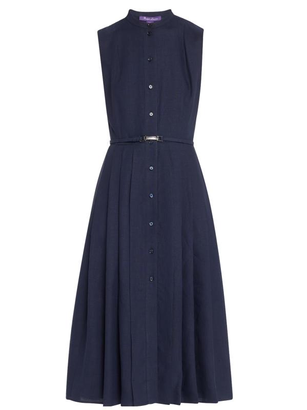 فستان Kennedi متوسط الطول بحزام على شكل حرف A من الكتان والحرير