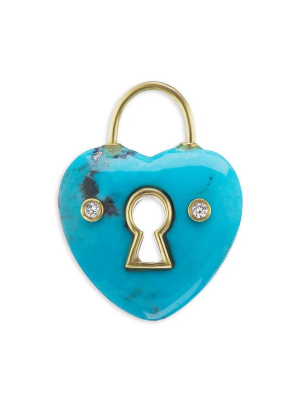 مشبك على شكل قلب من الذهب الأصفر عيار 18 قيراطًا والفيروز والماس