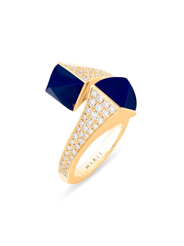 خاتم كليو من مارلي من الذهب الأصفر عيار 18 قيراط والماس واللازورد