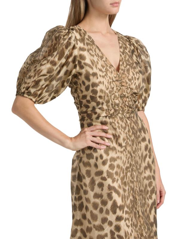 #5: فستان كلود متوسط الطول بأكمام منفوخة بنقشة جلد الفهد - كريم