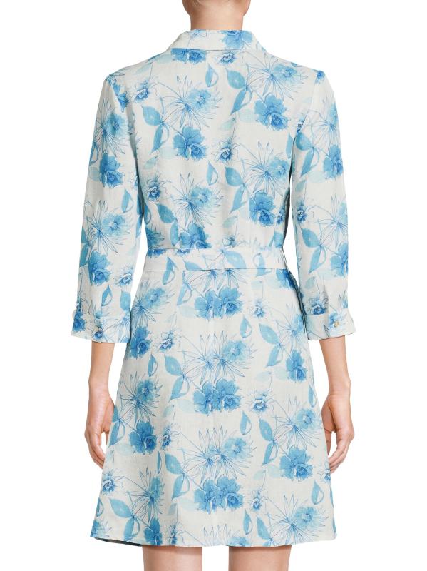 #4: قميص من الكتان المزهّر بحزام - قماش مطبوع باللون الأزرق