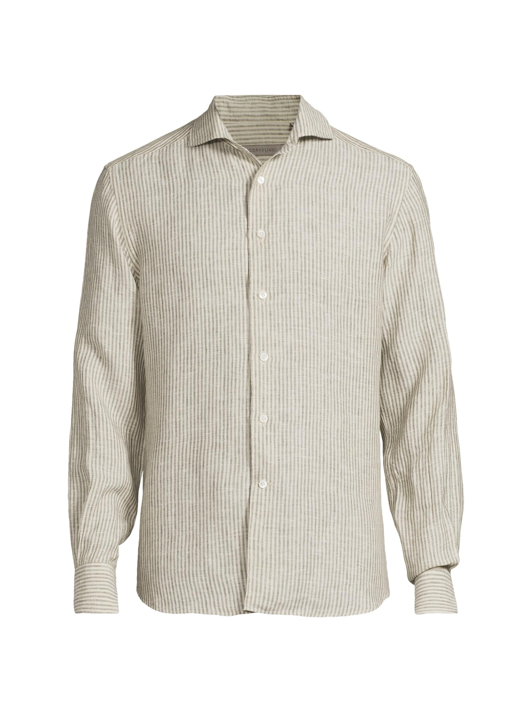 Shop Corneliani - Washed Linen Stripe Shirt | Saks Fifth