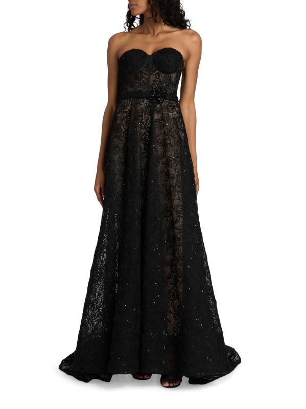 Shop Pamella Roland Floral Lace Sequinned A-Line Gown Saks