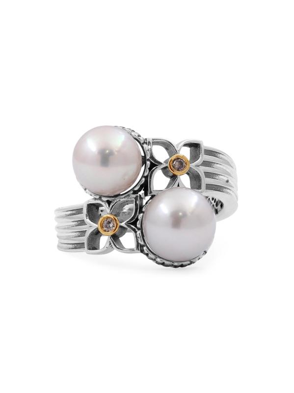 خاتم من الفضة الإسترلينية اللؤلؤية والذهب الأصفر عيار 18 قيراط والأحجار الكريمة المتعددة