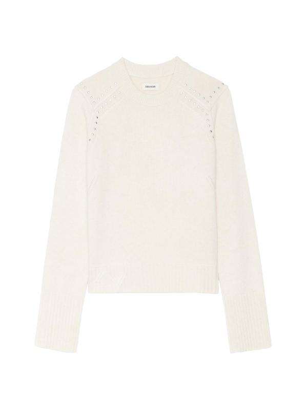 سترة برقبة مستديرة من الصوف والكشمير مرصعة بالنالي