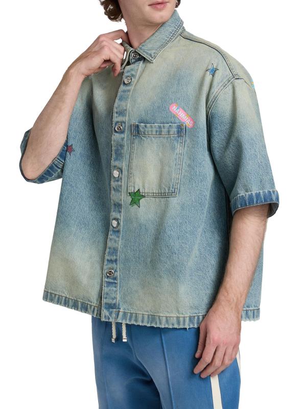 #3: قميص جينز مضمد بشعار الماركة - غسيل خفيف