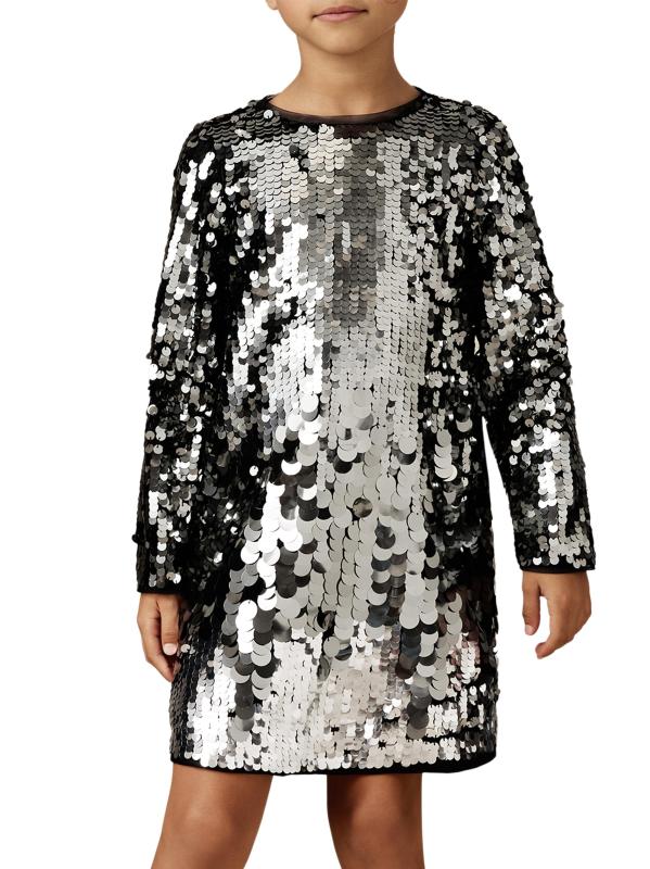 #3: فستان هاتي بنقشة الترتر للفتيات الصغيرات والفتيات بتأثير أومبري - فضة