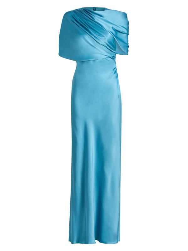 Draped Satin Cape-Sleeve Gown