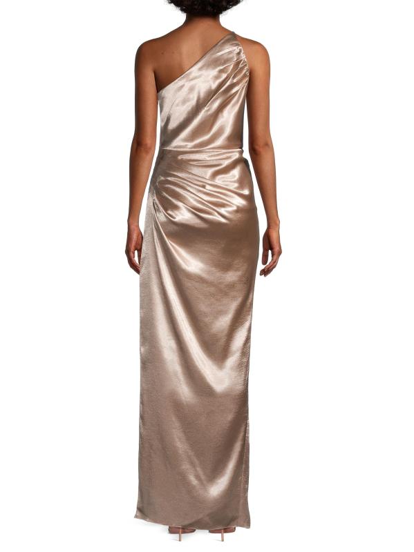 #4: فستان ميرا ساتان بطول الأرض - بيج ميتاليك
