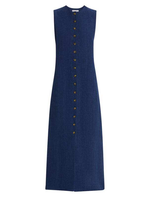 فستان متوسط الطول من الكتان بأزرار أمامية