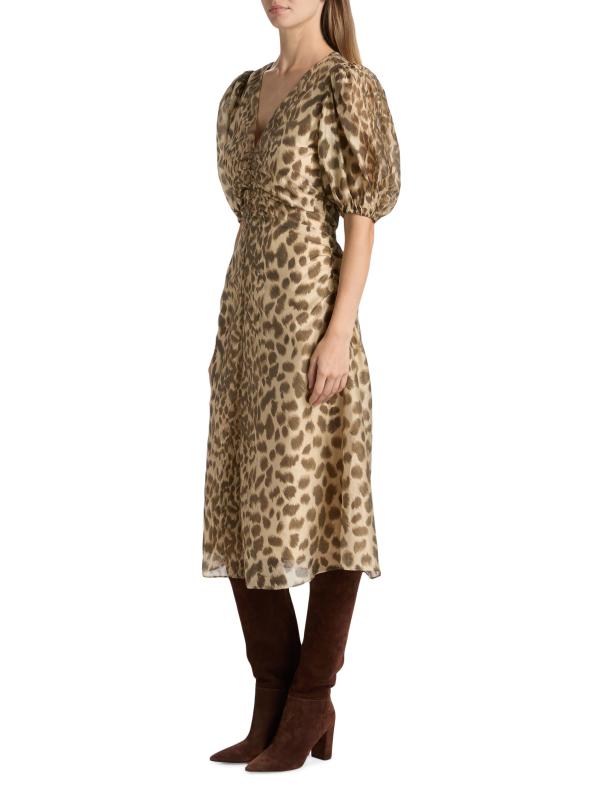 #3: فستان كلود متوسط الطول بأكمام منفوخة بنقشة جلد الفهد - كريم