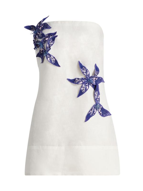 فستان Azara قصير بدون حمالات من الكتان والحرير