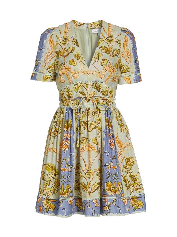 فستان قصير من مزيج الكتان بطبعة رومانية