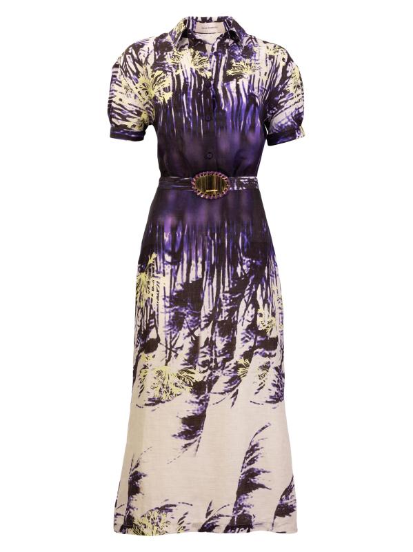 فستان لي متوسط الطول من الكتان بنقشة النخيل