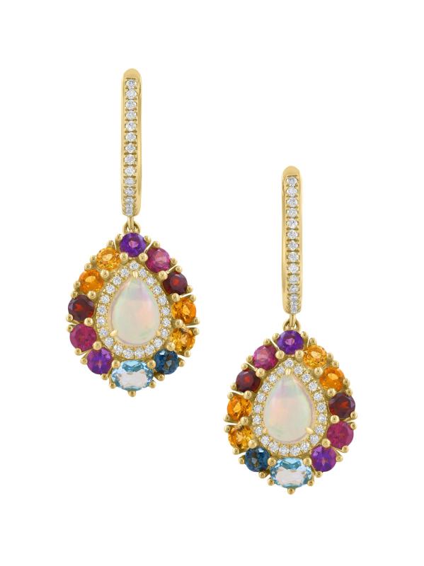 أقراط هالو دروب من الذهب الأصفر عيار 14 قيراط والأحجار الكريمة المتعددة