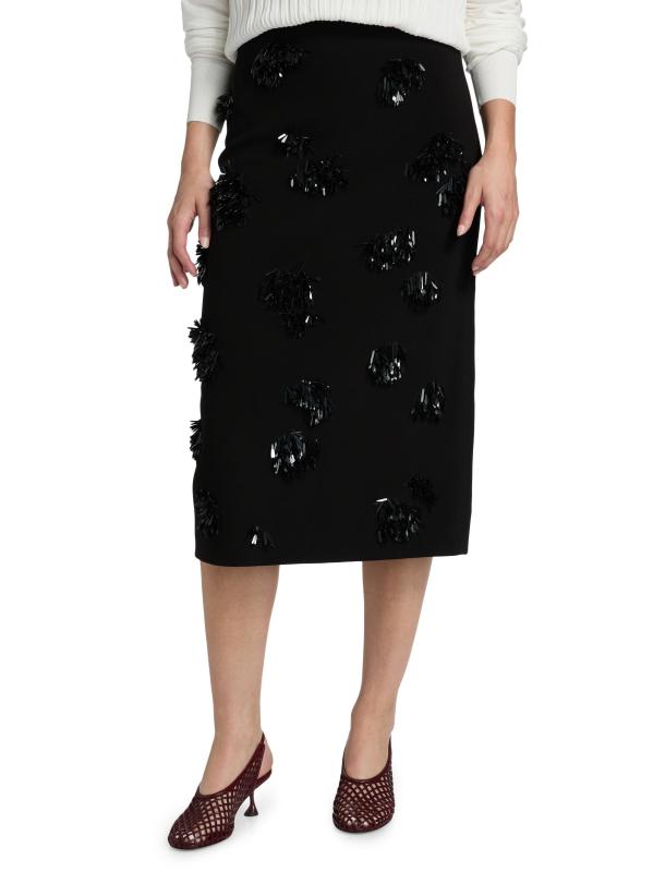 #2: تنورة متوسطة الطول من الكريب مزينة بأهداب من مويرا - أسود