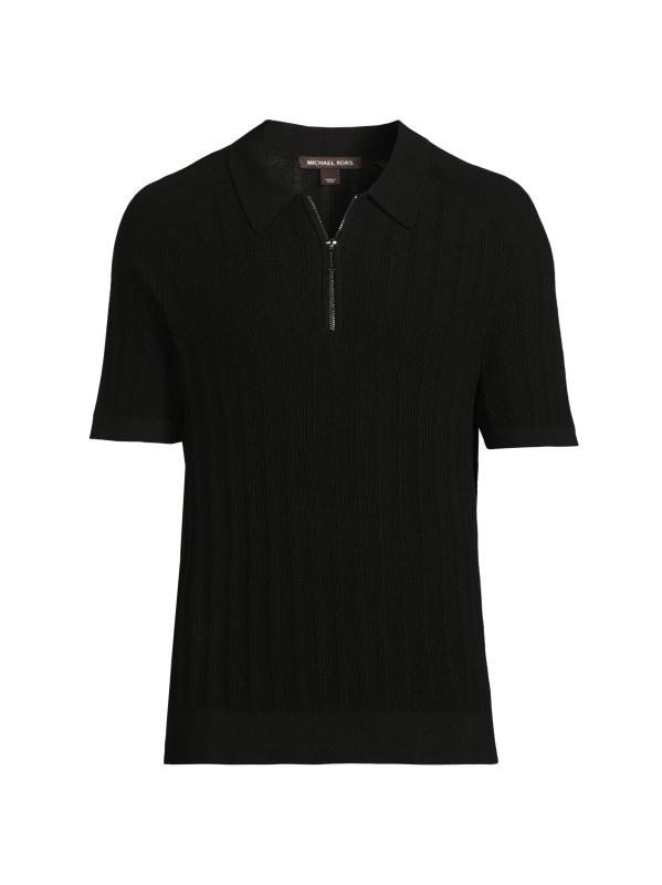 Textured Cotton Zip-Front Polo Shirt