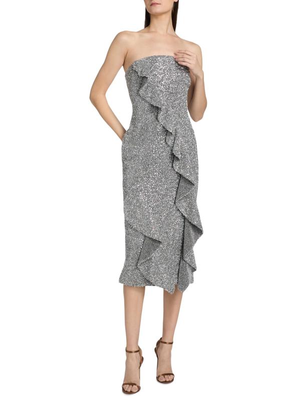 #2: فستان كوكتيل بدون حمالات مزين بكشكشة من كاتي سيكوين - فضة