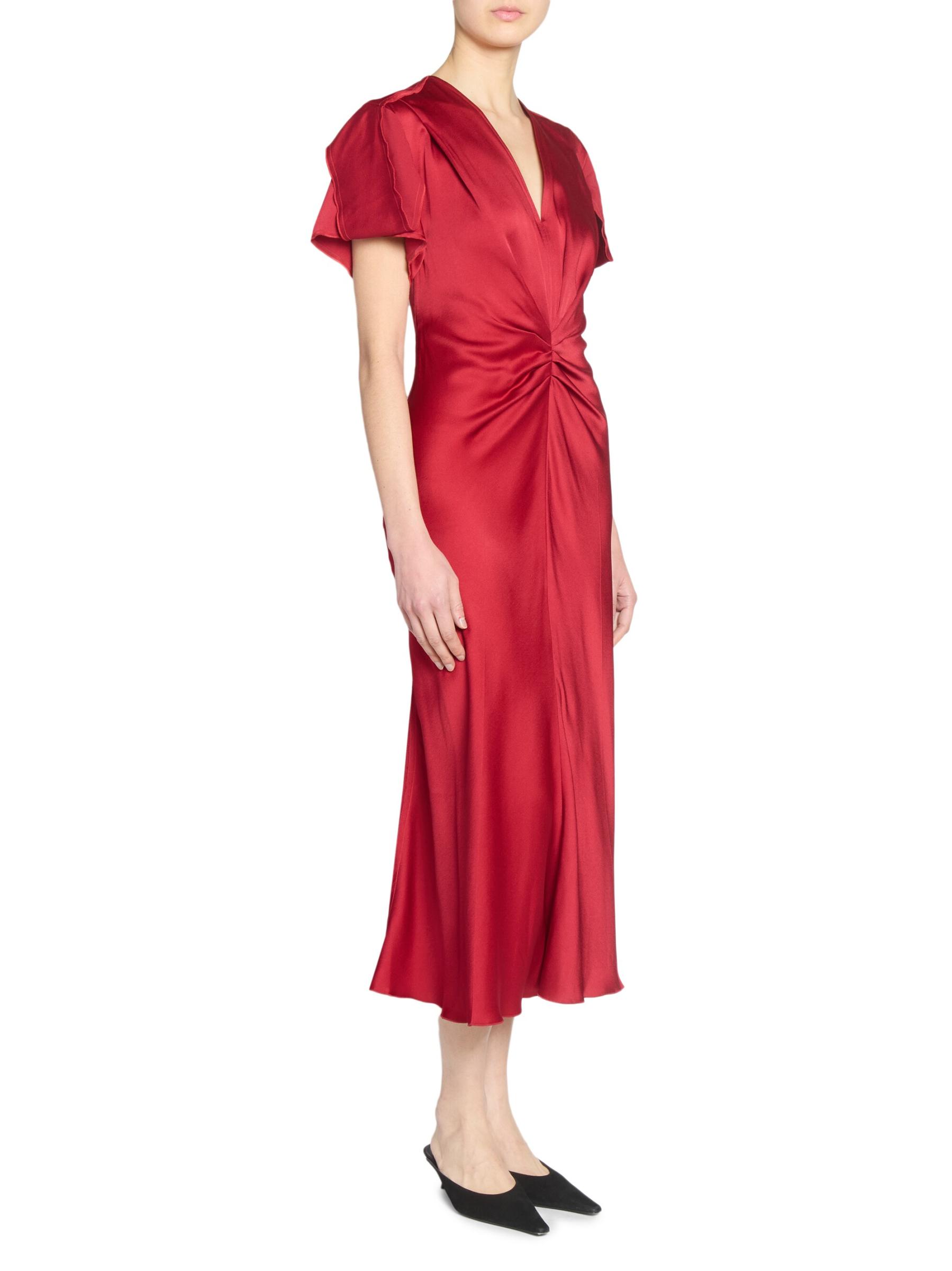 ヴィクトリア・ベッカム□カルメンネックラインミディドレス Victoria Beckham - Satin Gathered V-Neck Midi-Dress（サテン