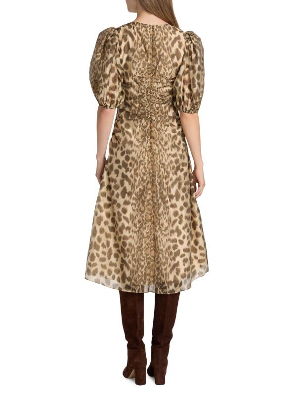 #4: فستان كلود متوسط الطول بأكمام منفوخة بنقشة جلد الفهد - كريم