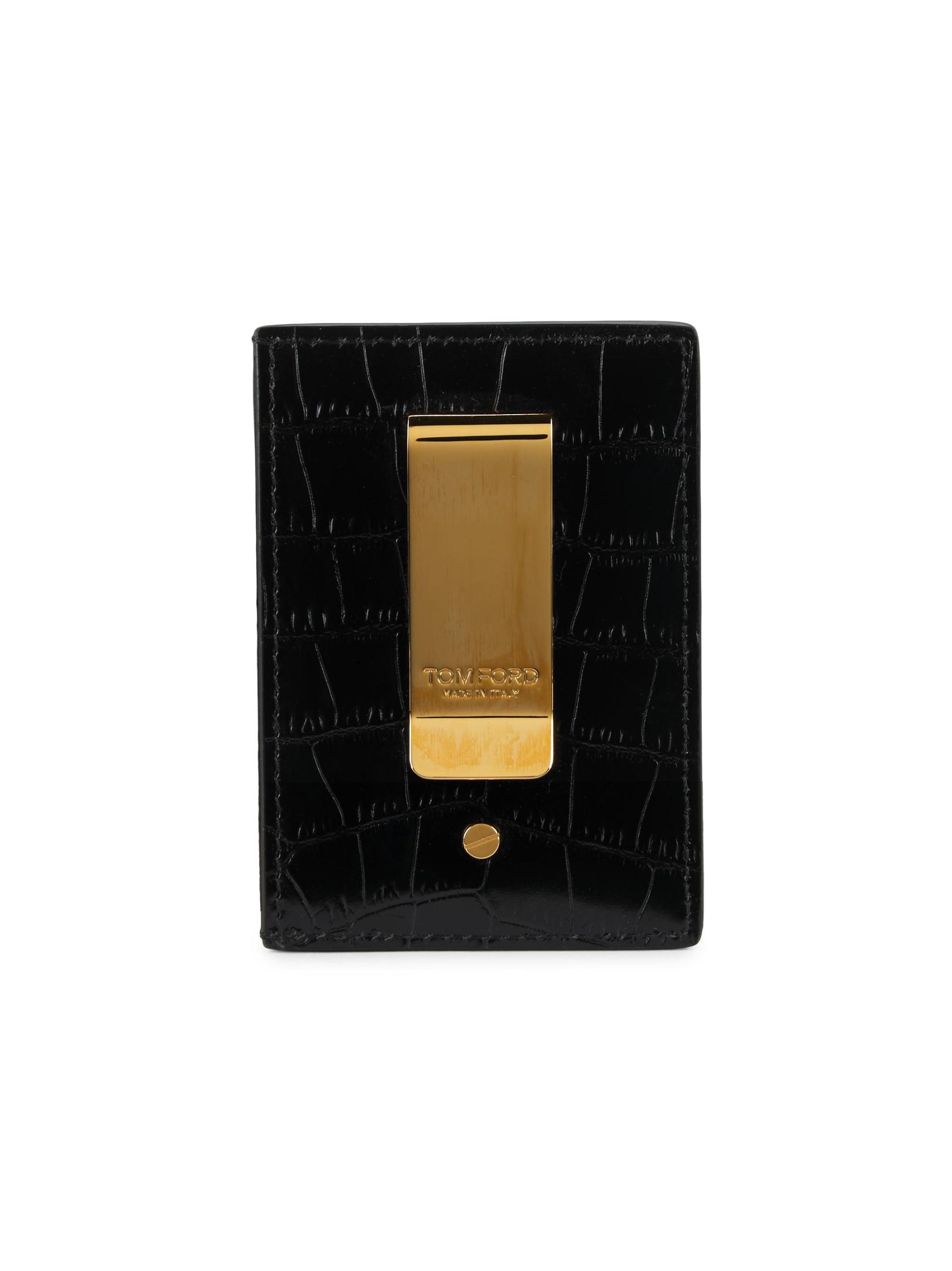 Crocodile-Embossed Leather Money Clip Card Holder