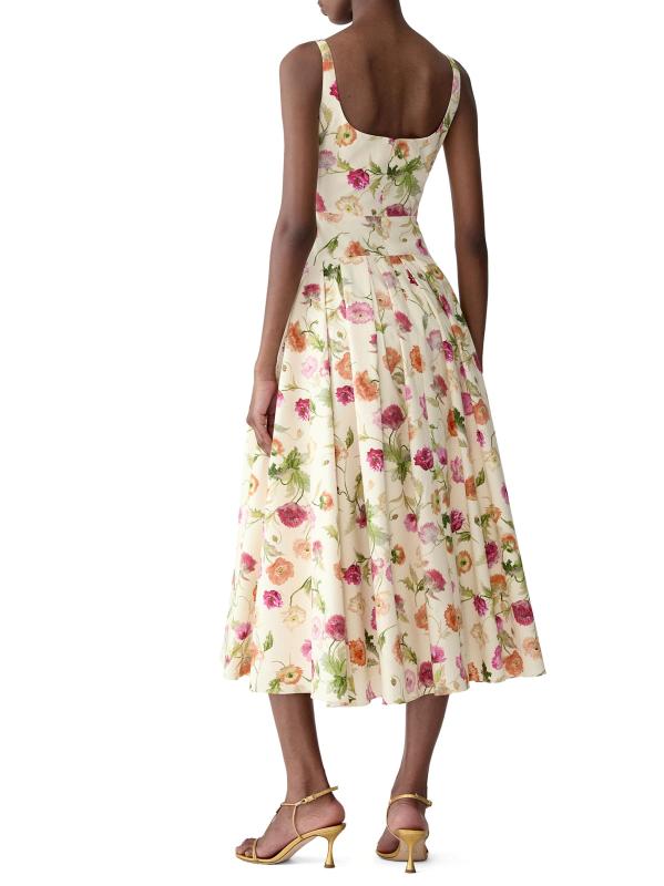 #3: فستان متوسط الخصر من القطن القابل للتمدد بنقشة الزهور - متعدد اللوز