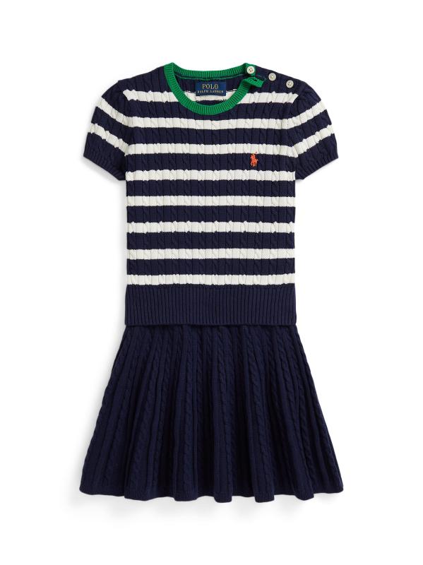 طقم سترة وتنورة محبوكة بالكابلات للفتيات الصغيرات والفتيات