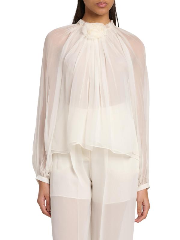 #2: بلوزة من الحرير المجمّع بتفاصيل وردية - أبيض