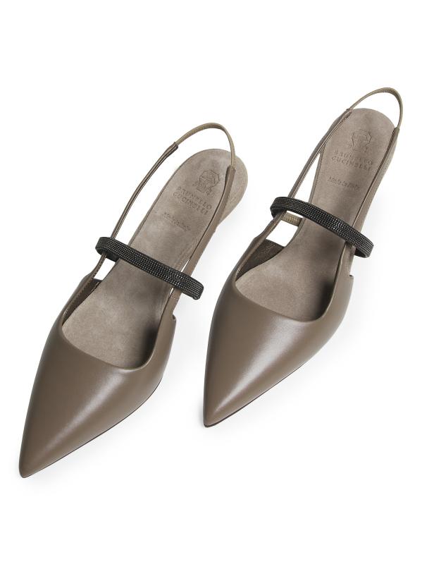 【関税＆送料込み】Brunello Cucinelli Pointed Sling-Back Sh Metallic leather slingback flats in silver - Brunello