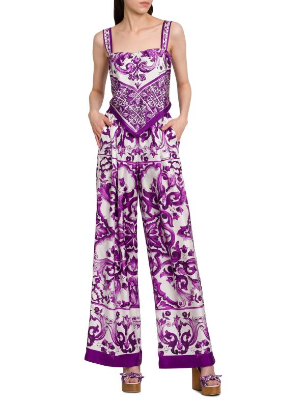 Shop DOLCE&GABBANA - Majolica Print Silk Wide-Leg Pants