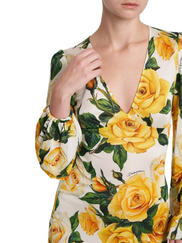 DOLCE&GABBANA ローズプリントドレス DOLCE&GABBANA - ローズプリントVネックミディドレス を