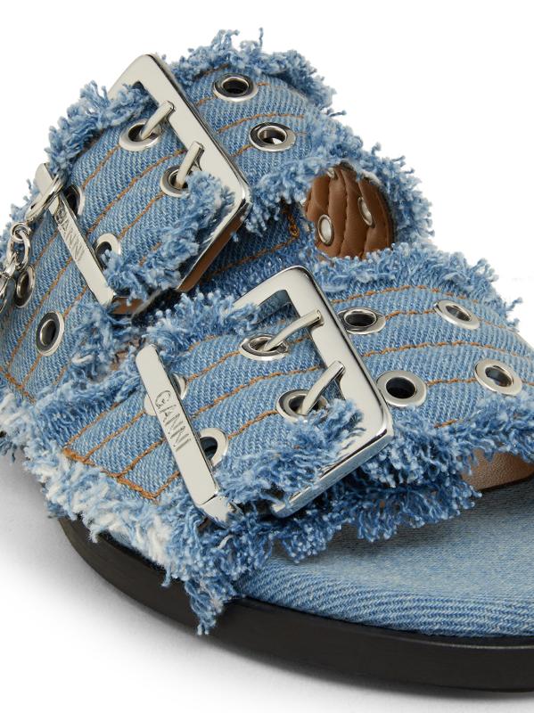Shop GANNI - Denim Two-Strap Buckle Sandals | Saks Fifth