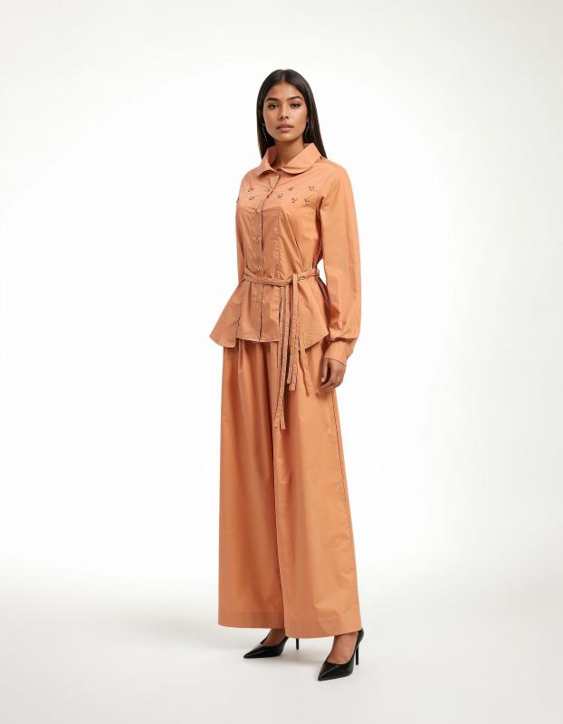 #2: قميص بأربطة على الخصر مكسو بألواح قطنية - برتقالي فاتح