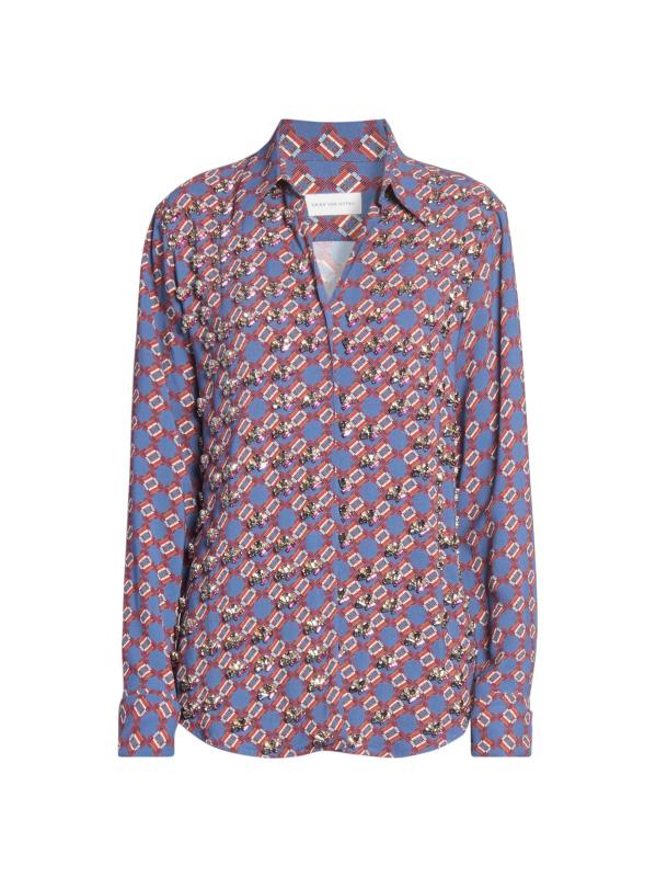 Printed Embellished-Trim Crepe Shirt