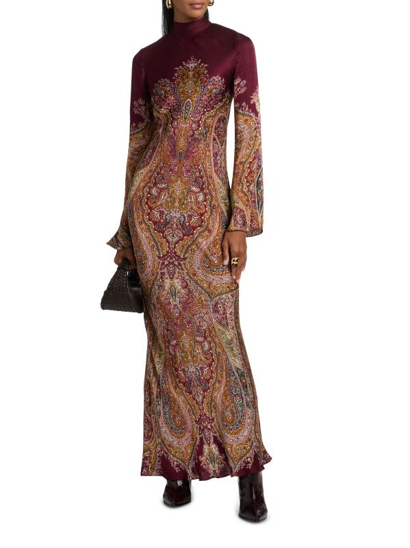 #2: فستان شيفا ساتان طويل بياقة عالية - عنابي اللون