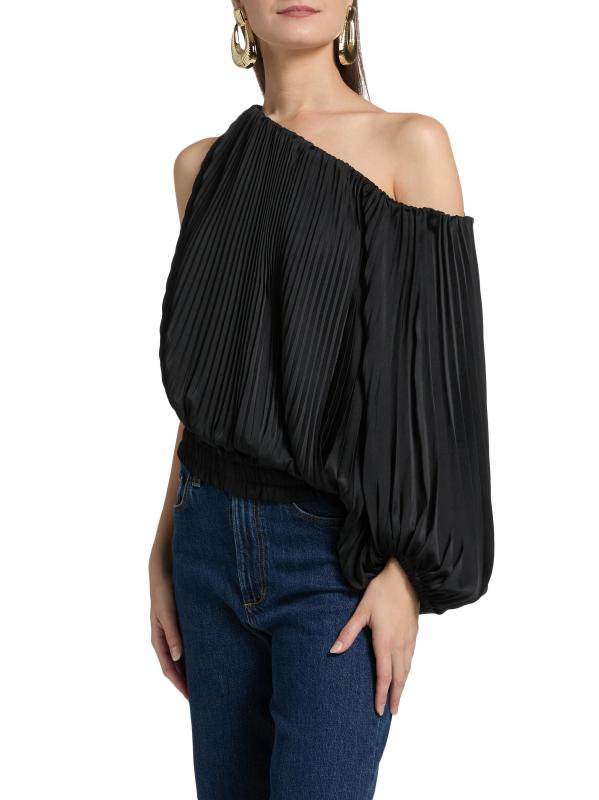 #3: بلوزة مارا بثنيات بكتف واحد - أسود