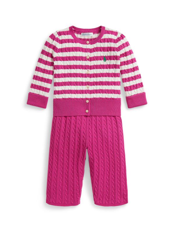 طقم كارديجان وسراويل محبوكة بالكابلات للفتيات الصغيرات