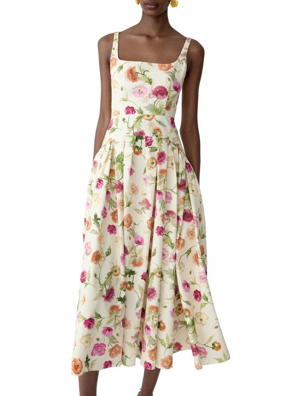 #4: فستان متوسط الخصر من القطن القابل للتمدد بنقشة الزهور - متعدد اللوز