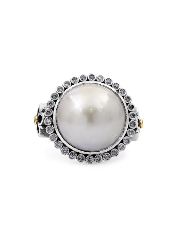 خاتم من الفضة الإسترلينية اللؤلؤية والذهب الأصفر عيار 18 قيراط والأحجار الكريمة المتعددة