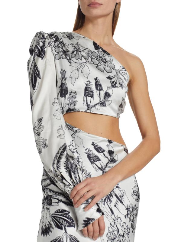 #5: فستان Matiz غير المتماثل من الحرير القابل للتمدد بالزهور - حرير ساتان قابل للتمدد باللون الأبيض والأسود