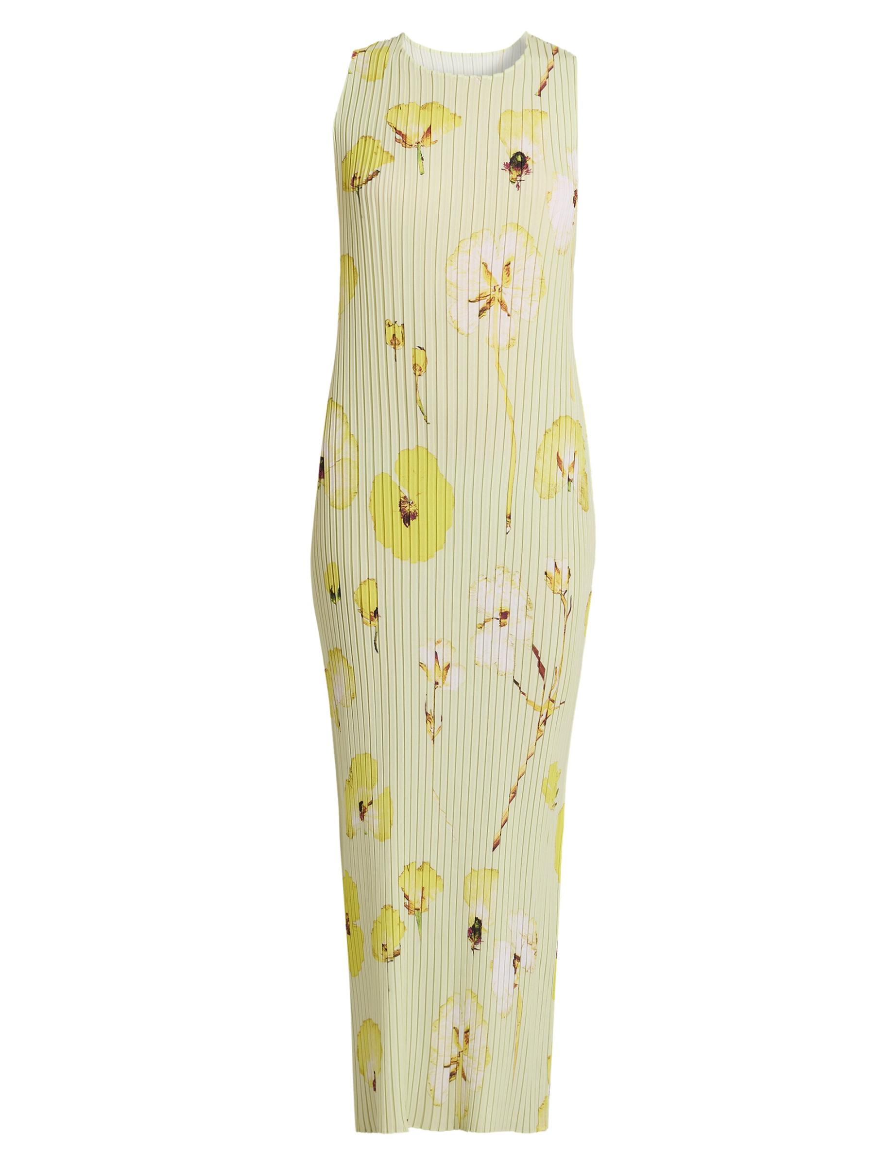 【ISSEY MIYAKE】PRESSED FLORA PLEATS DRESS Yellow Pressed Flora Pleats Maxi Dress by ISSEY MIYAKE on Sale