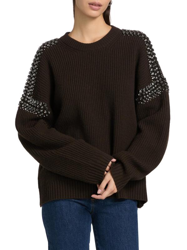 #2: سترة كبيرة الحجم من صوف ميرينو مزيّن بالكريستال المضلع - أعمق لون بني