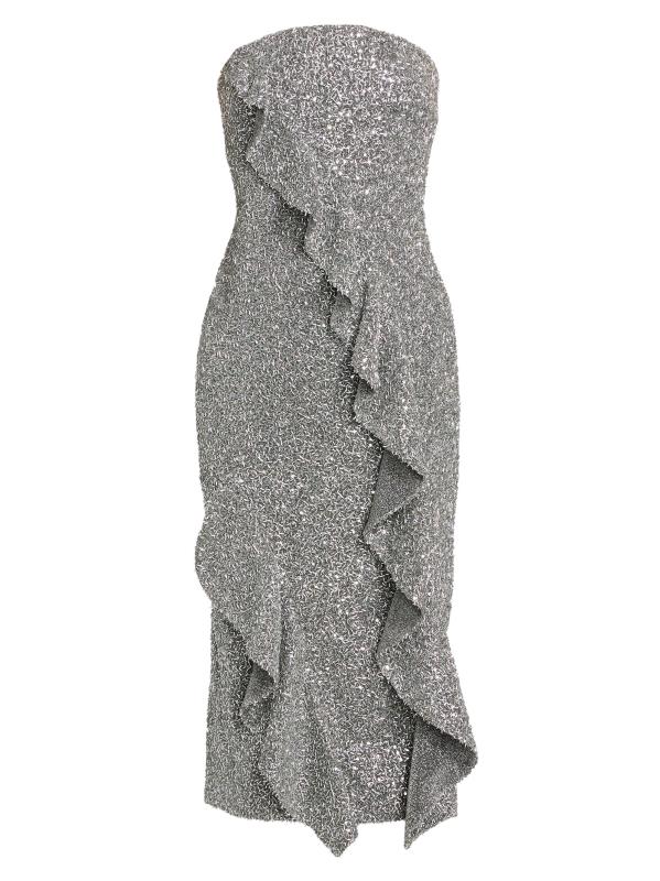 فستان كوكتيل بدون حمالات مزين بكشكشة من كاتي سيكوين