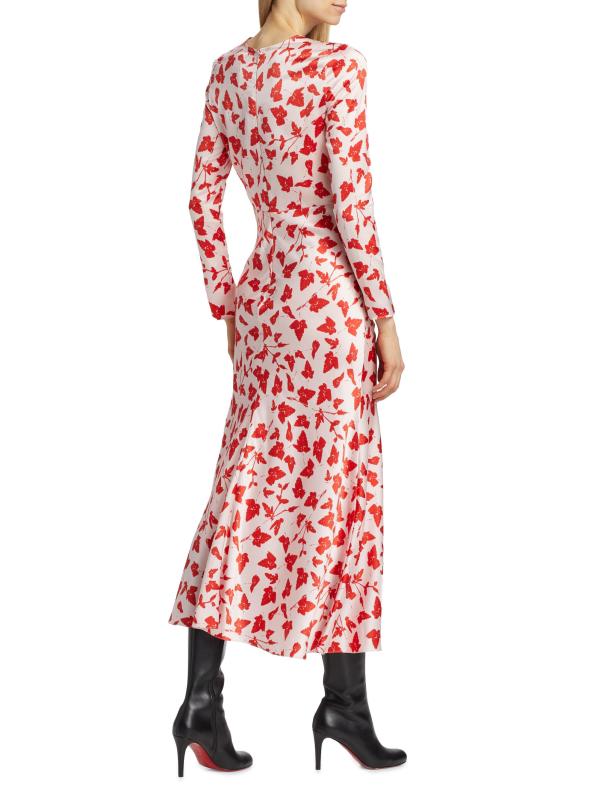 #4: فستان مزين بكشكشة من الحرير على شكل أوراق - طباعة أوراق حمراء وردية