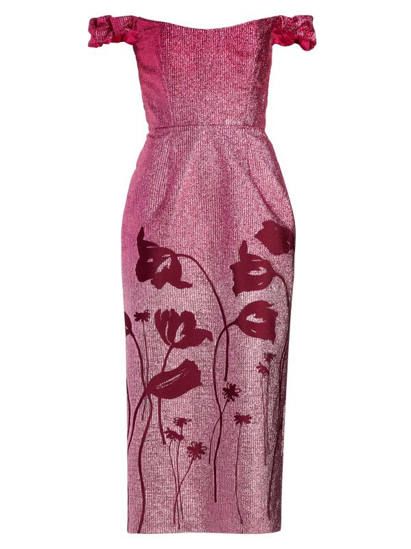 فستان متوسط الطول بأكتاف مكشوفة من أمينة فلورال ميتاليك