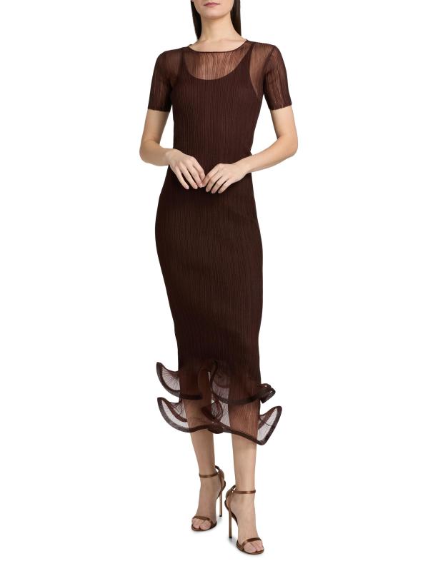 #2: فستان سيلينا متوسط الطول من الشيفون بطيات - الماهوجني