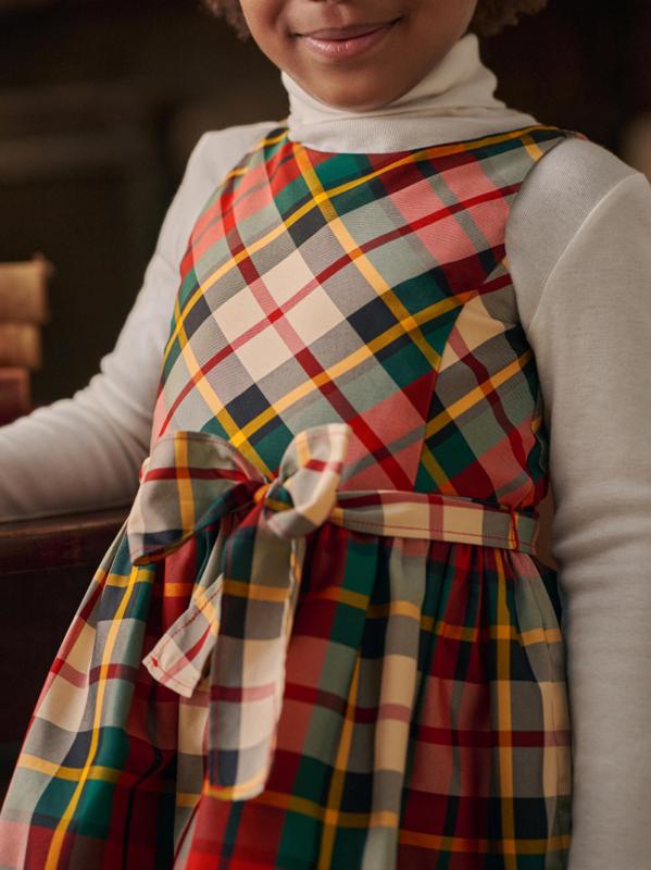 #6: فستان التفتا المنقوش بلا أكمام للفتيات الصغيرات والفتيات - كريم أحمر متعدد