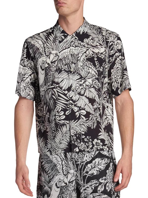 #2: قميص بولينج جنغل ببغاوات - أسود + أبيض