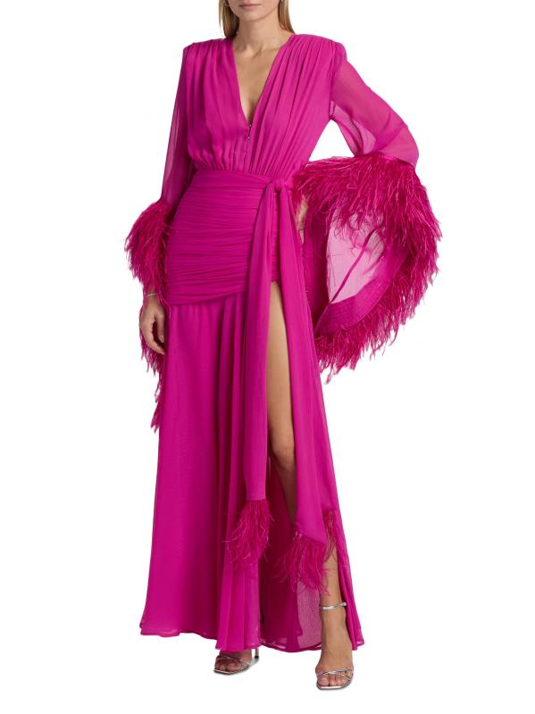 #2: فستان شيفون مزيّن بالريش من غيشا - وردي