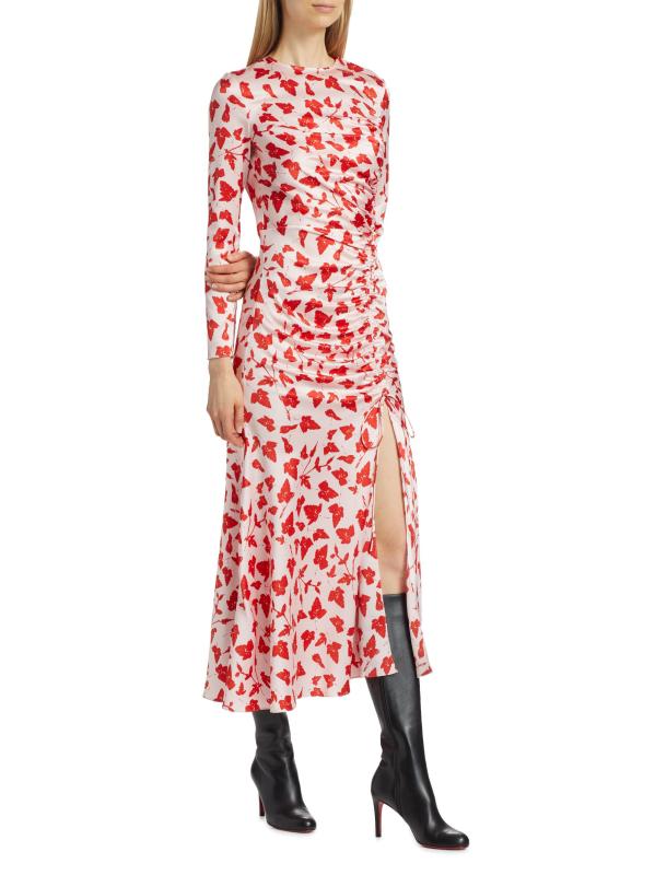 #3: فستان مزين بكشكشة من الحرير على شكل أوراق - طباعة أوراق حمراء وردية